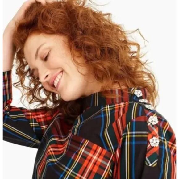 J. Crew Funnel Neck Jeweled Button Tartan Red and Black Plaid Top Size 2 - Picture 3 of 4